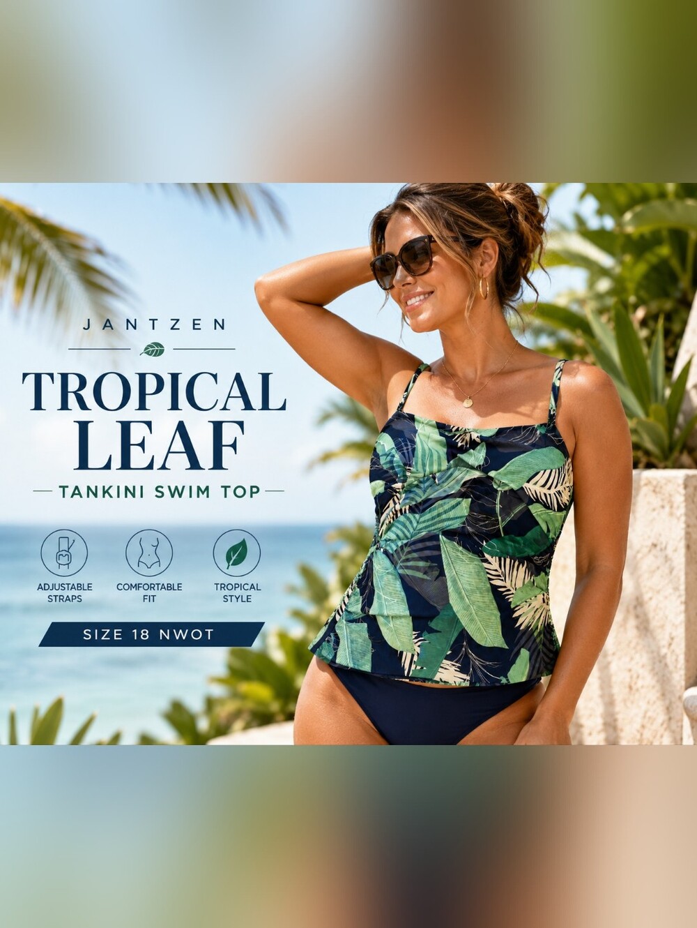 Jantzen Tropical Leaf Tankini Swim Top Size 18 NWOT Adjustable Straps - Picture 2 of 8